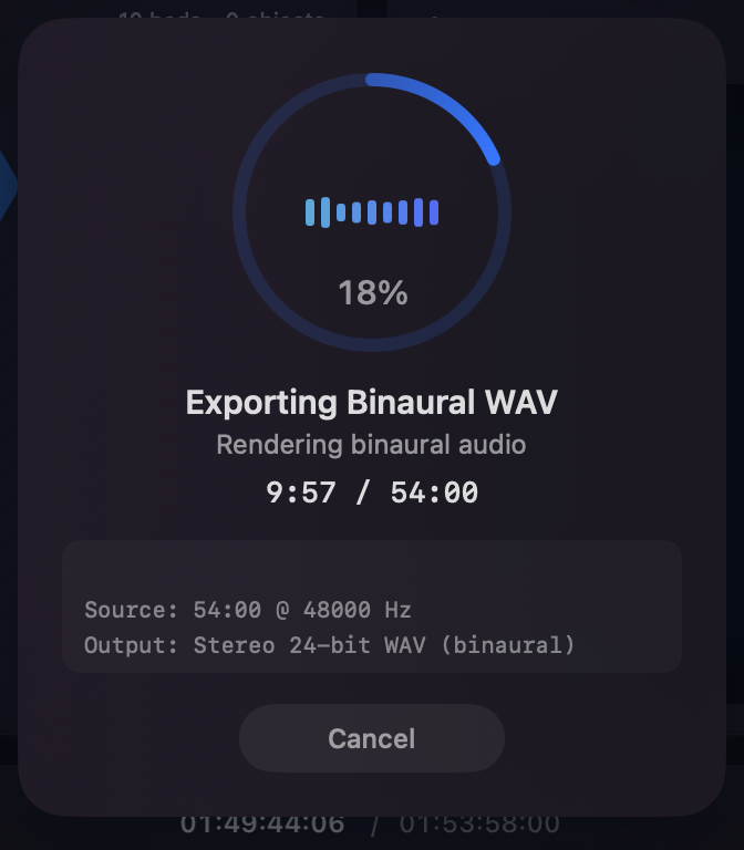 Orbit binaural WAV export dialog showing progress at 18%, rendering stereo 24-bit WAV from a 48 kHz source