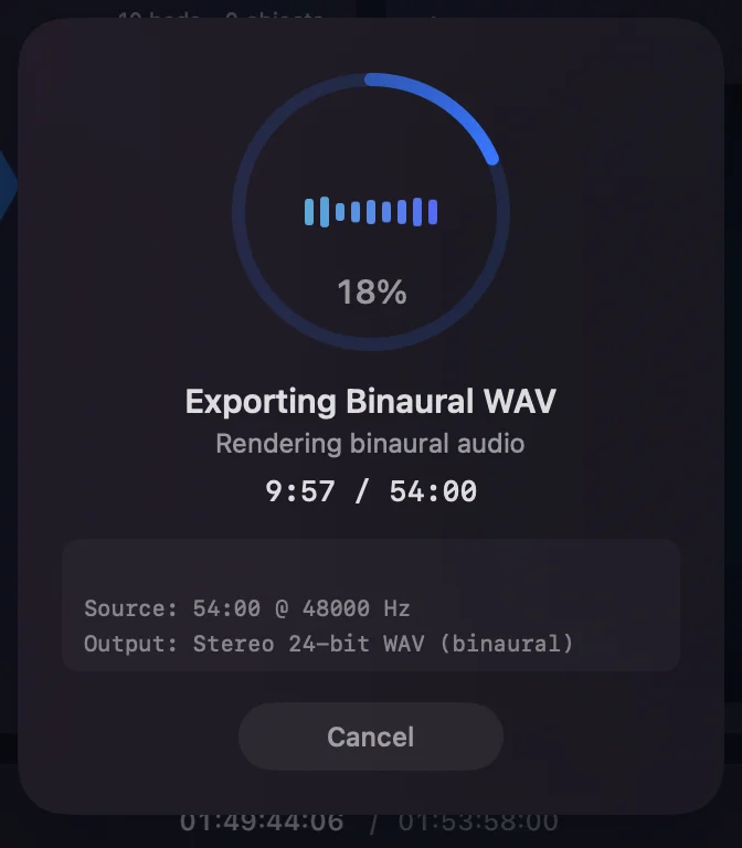 Orbit binaural WAV export dialog showing progress at 18%, rendering stereo 24-bit WAV from a 48 kHz source