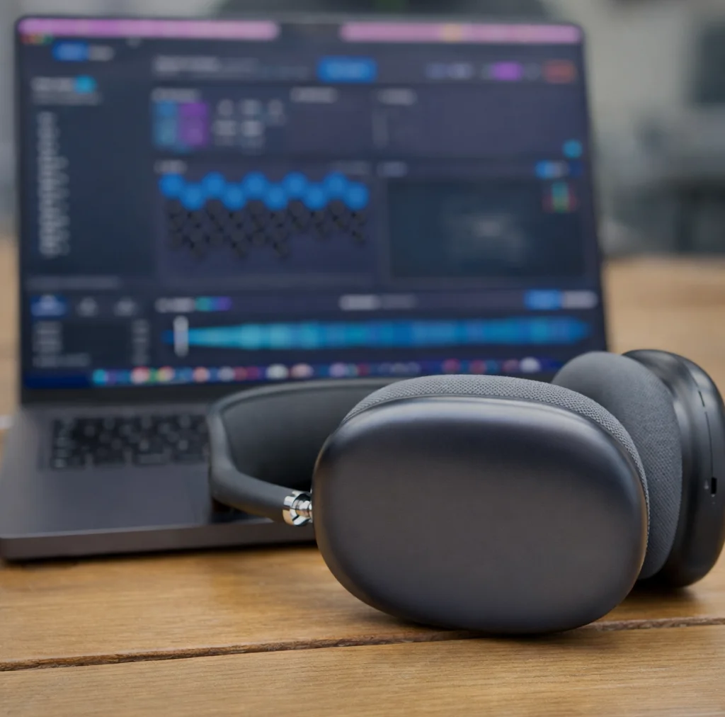 AirPods Max with Orbit running Apple Spatial Audio on a MacBook Pro