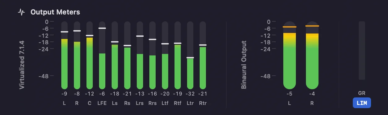Redesigned output meters showing gradient colouring, peak hold indicators, binaural output meters, and gain reduction indicator