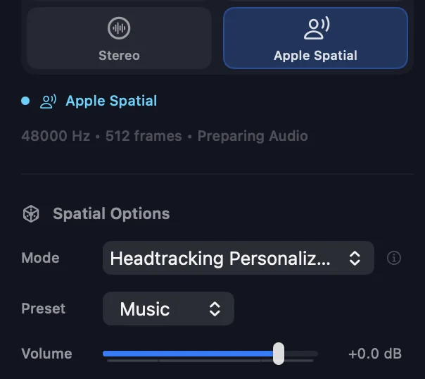 Apple Spatial Audio controls in Orbit showing mode selection, preset, volume slider, and bed rendering options