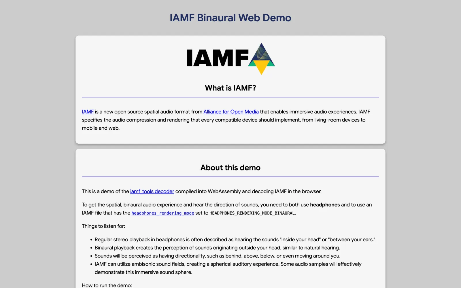 The IAMF Binaural Web Demo — the AOM's iamf_tools decoder running in the browser