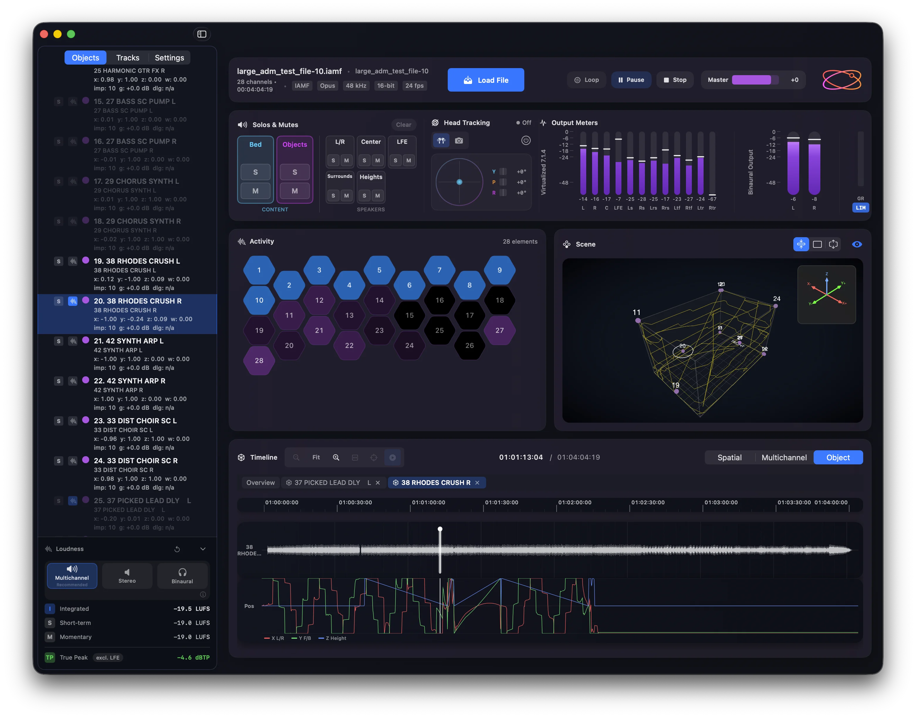 Orbit Pro showing a 28-element IAMF file with 3D scene visualisation, per-object waveforms, spatial automation, loudness metering, and element soloing