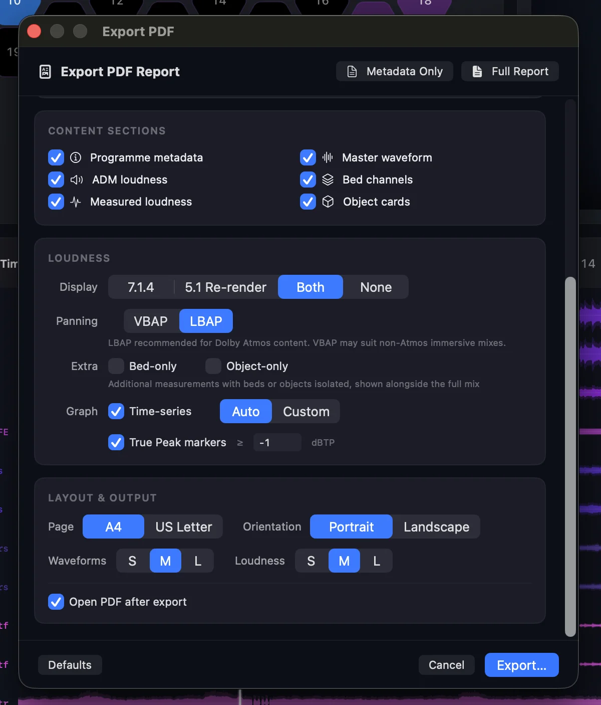 The new Export PDF dialogue showing content section toggles, loudness display options with 7.1.4 and 5.1 re-render modes, panning mode selection, graph settings, and layout controls