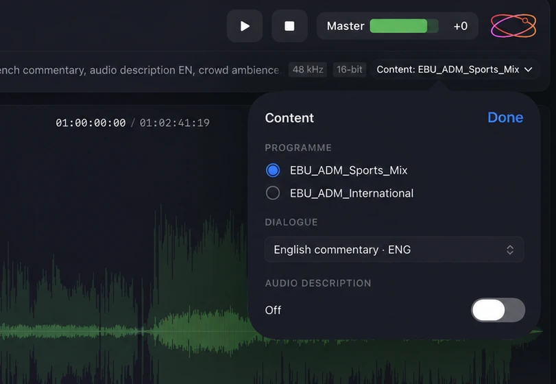 Orbit Lite’s Content popover on an EBU ADM file — programme switching between Sports Mix and International, an English commentary dialogue track, and an audio description toggle