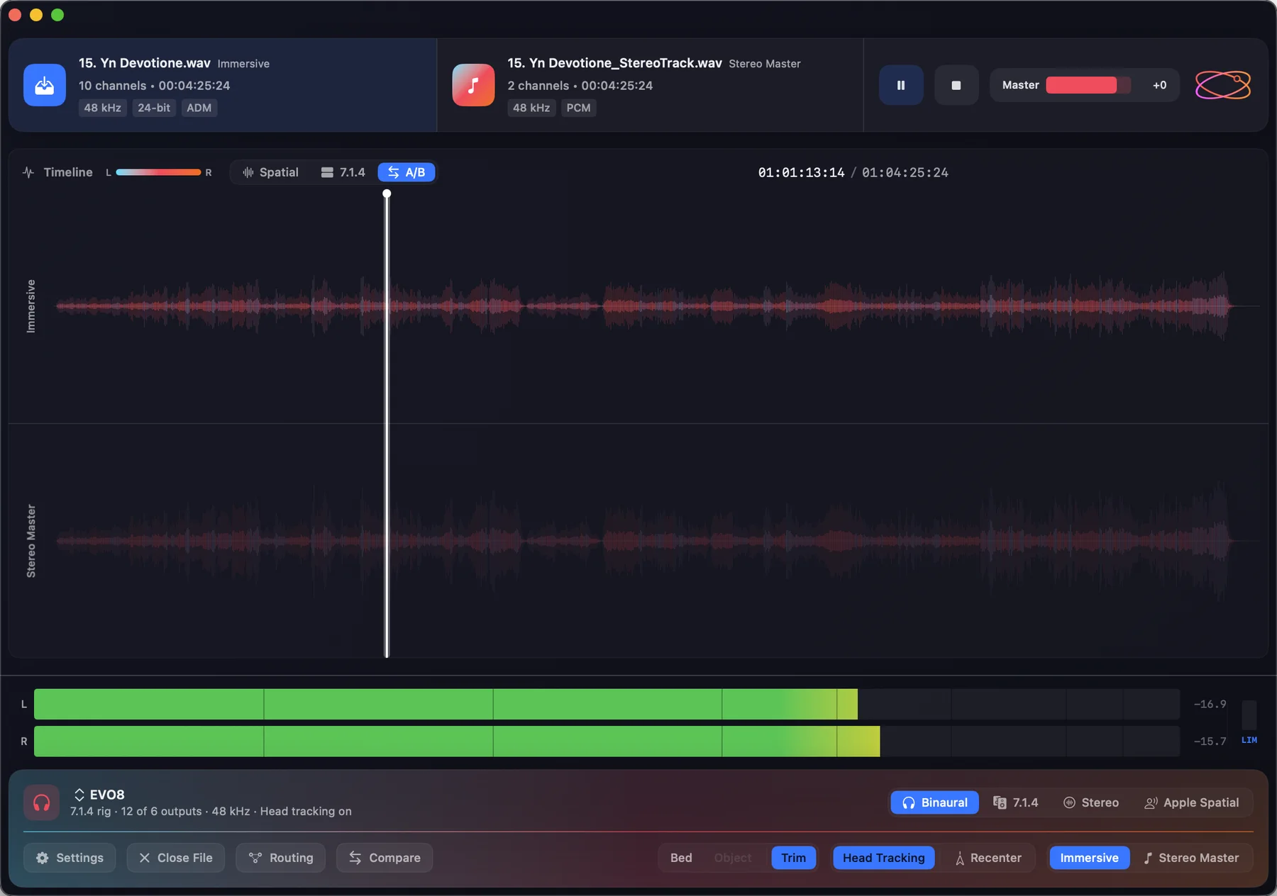 Orbit Lite 1.3 with an immersive ADM master and its stereo master loaded side by side, the timeline in A/B view