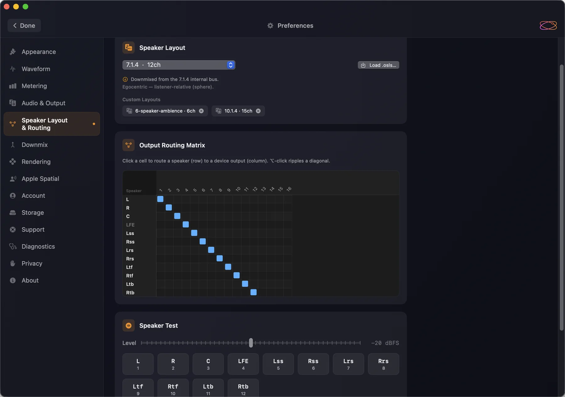 Orbit Lite 1.3's speaker layout and routing settings — a 7.1.4 layout with two custom OSLS layouts loaded, the output routing matrix, and a test button for each speaker