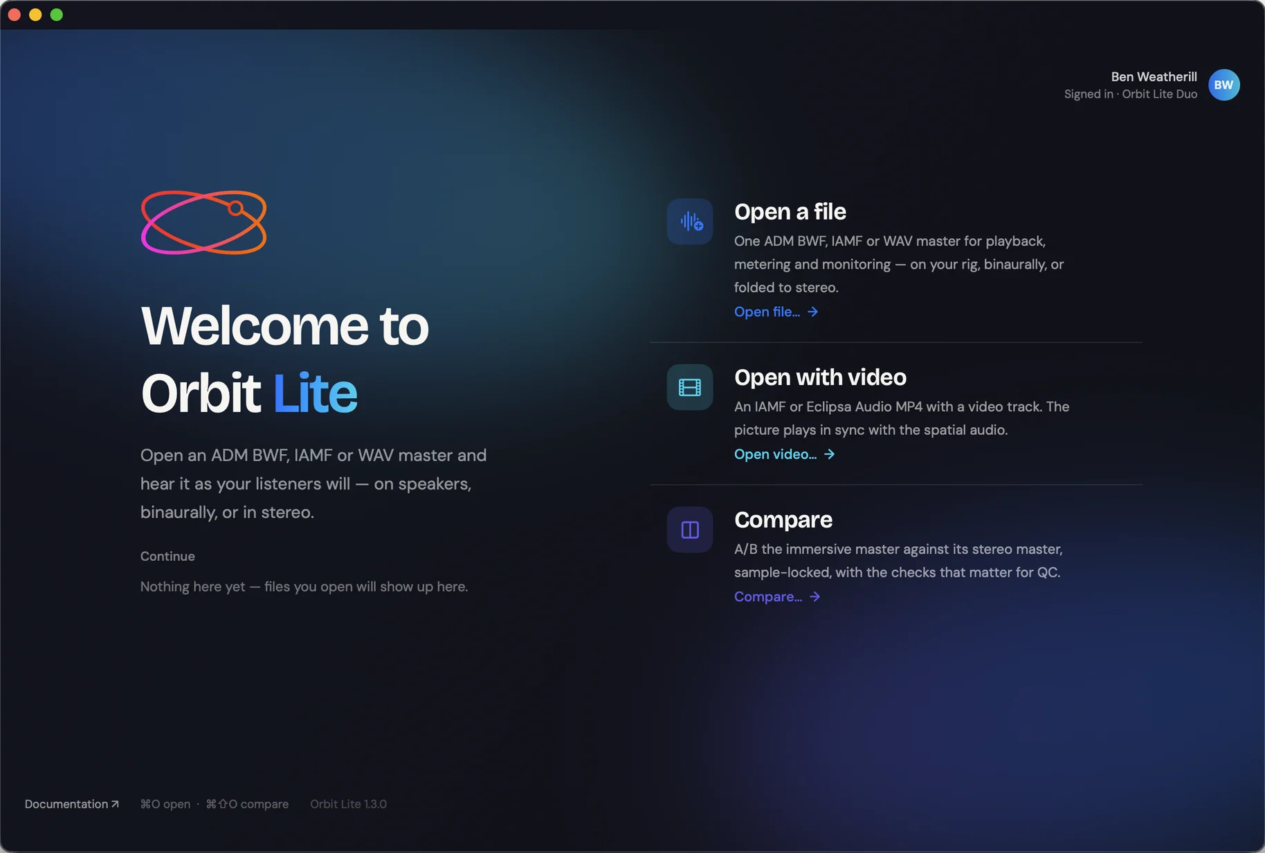 The new Orbit Lite 1.3 welcome screen — Open a file, Open with video and Compare, with recent files below the welcome