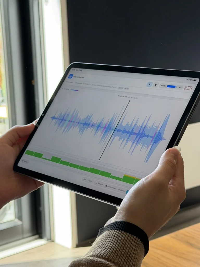 Orbit Lite on iPad, held in both hands by a window, showing a spatial waveform and channel meters