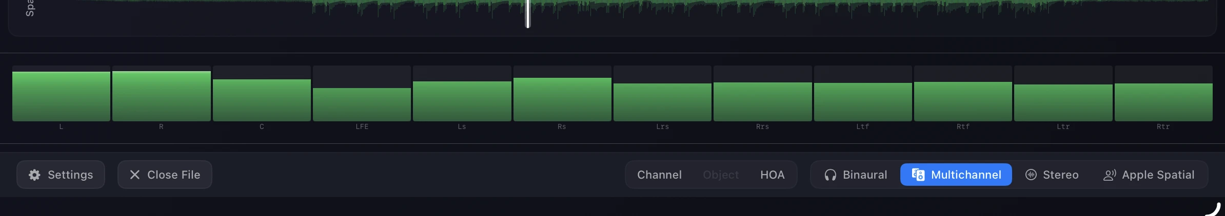 Orbit Lite meter bridge showing all twelve channels of a 7.1.4 layout in green