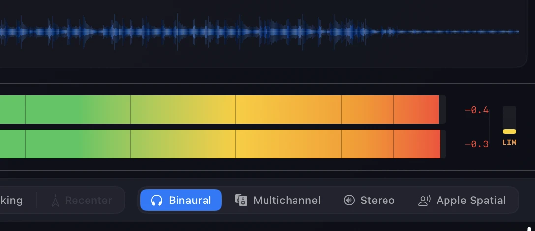 Binaural monitoring in Orbit Lite — stereo meters with a limiter indicator, head tracking and recenter controls, and the output selector offering Binaural, Multichannel, Stereo and Apple Spatial