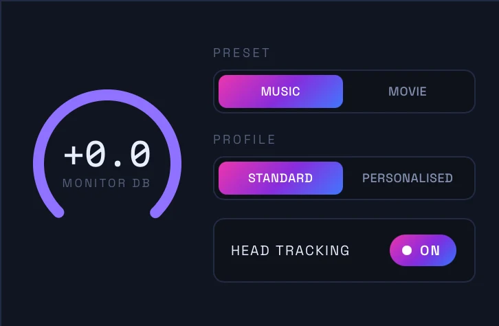 Orbit Monitor’s Apple Spatial controls — Music/Movie preset, Standard/Personalised profile and head tracking