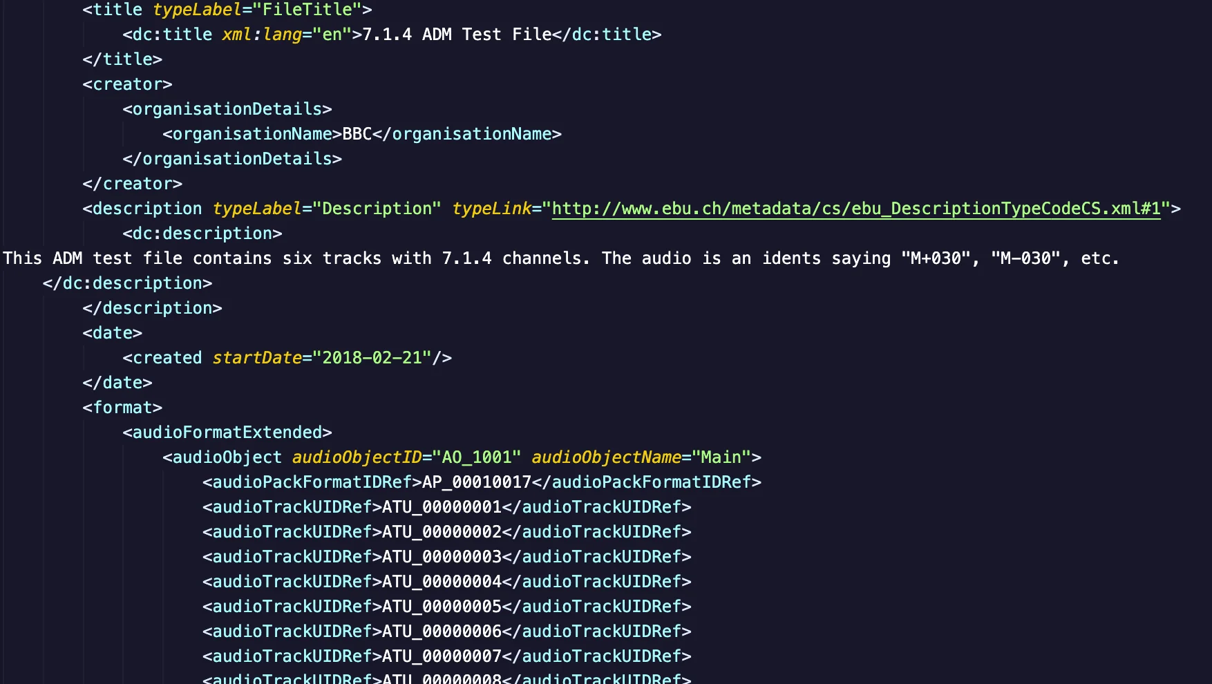 Exported AXML opened in VS Code showing the typeLabel, organisationDetails, audioFormatExtended, and audioObject elements