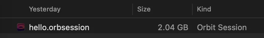 A .orbsession file as it appears in Finder — single document, 2.04 GB, kind 'Orbit Session'