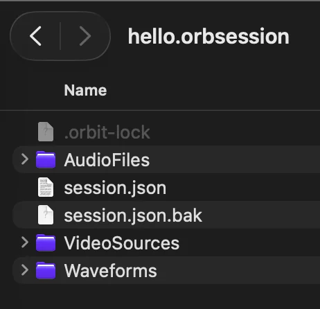 The .orbsession bundle expanded — .orbit-lock, AudioFiles folder, session.json, session.json.bak, VideoSources, Waveforms