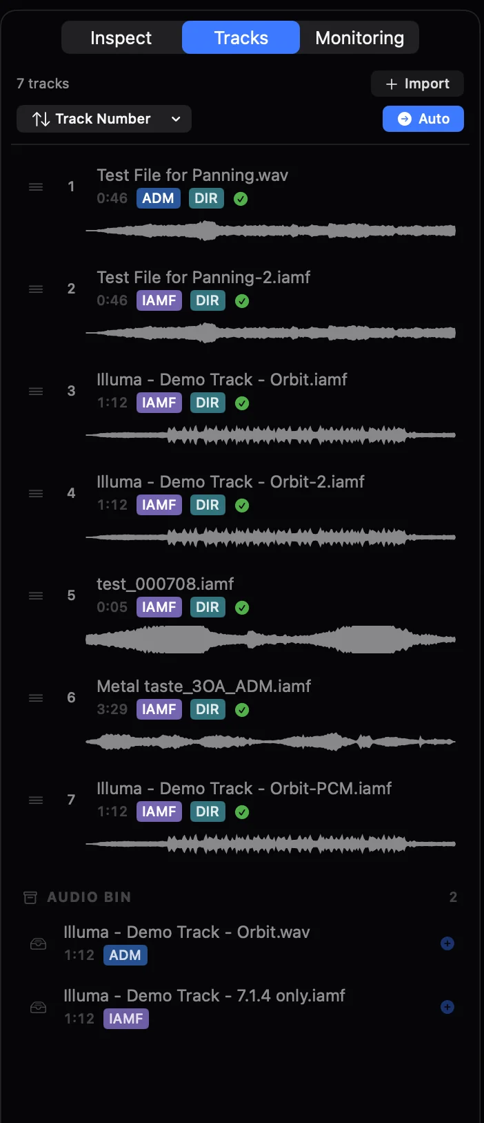 Track playlist sidebar showing queued ADM and IAMF files, each with a format badge and waveform preview