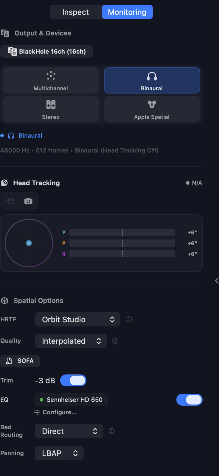 Orbit’s monitoring panel — binaural with head tracking, HRTF/SOFA, headphone EQ and output modes