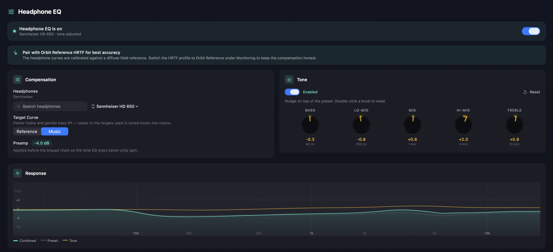 Orbit Headphone EQ panel showing compensation preset, five-band tone controls, and the live response graph