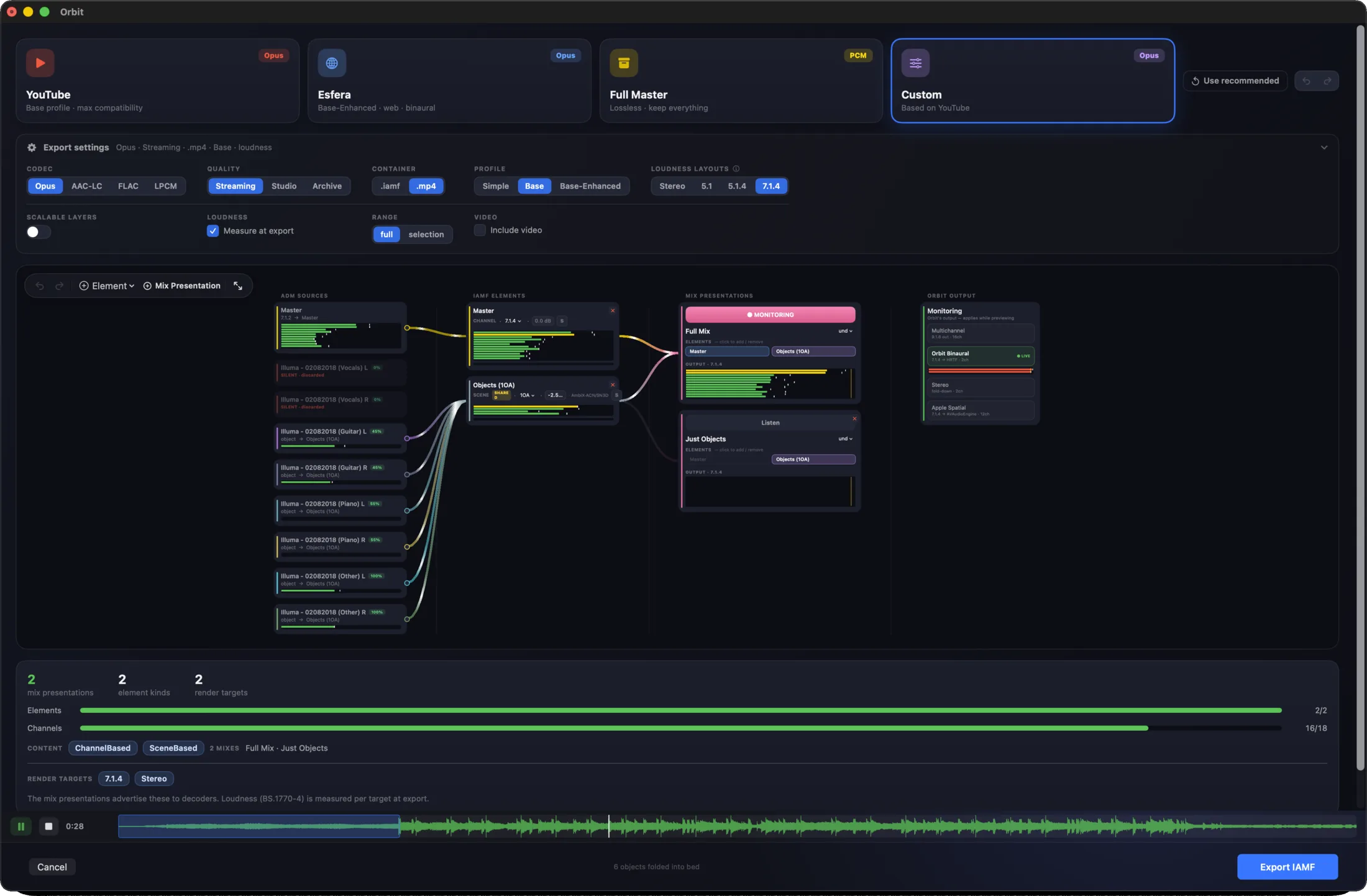 Orbit Pro IAMF export routing graph with auto-route presets and mix presentations