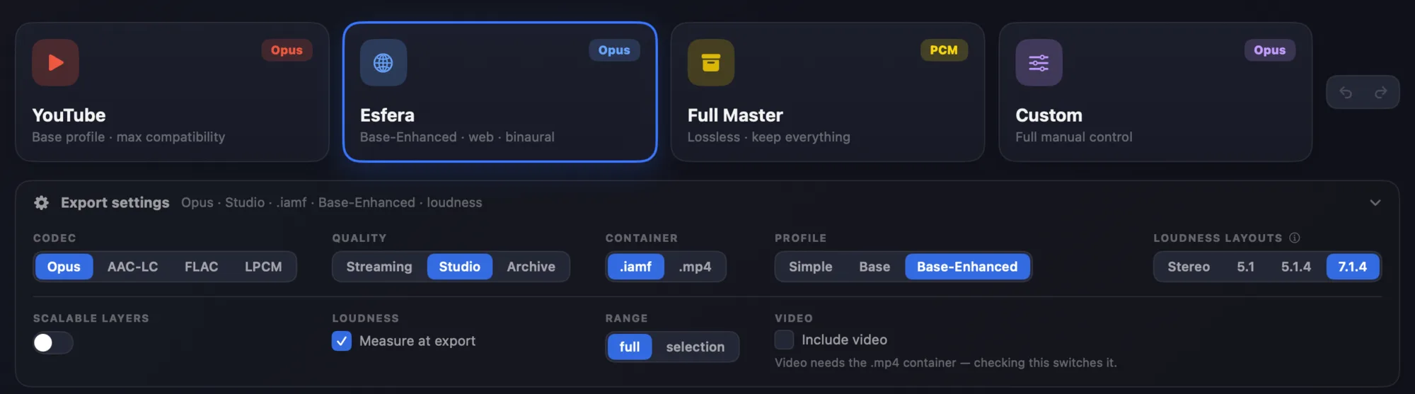 IAMF export presets — YouTube, Esfera, Full Master, Custom — with codec, quality and profile settings