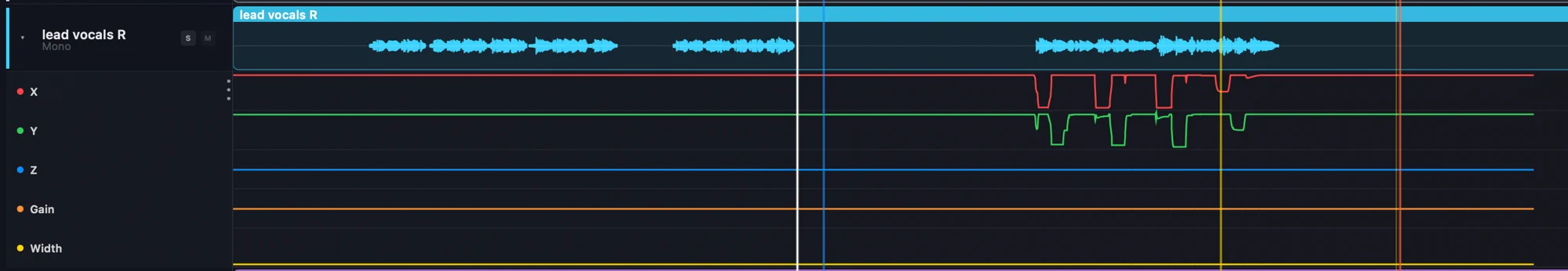 Object inspection in the timeline — a track's waveform above its X, Y, Z, gain and width automation lanes