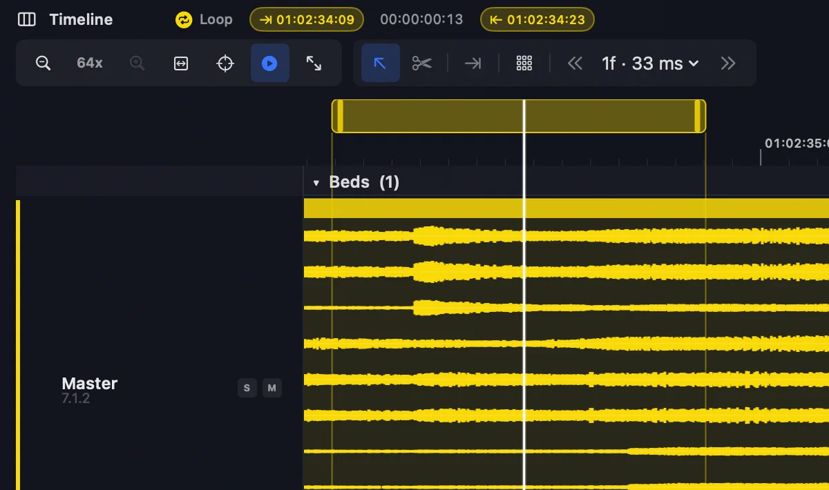 Loop region with start/end timecodes highlighted on the timeline