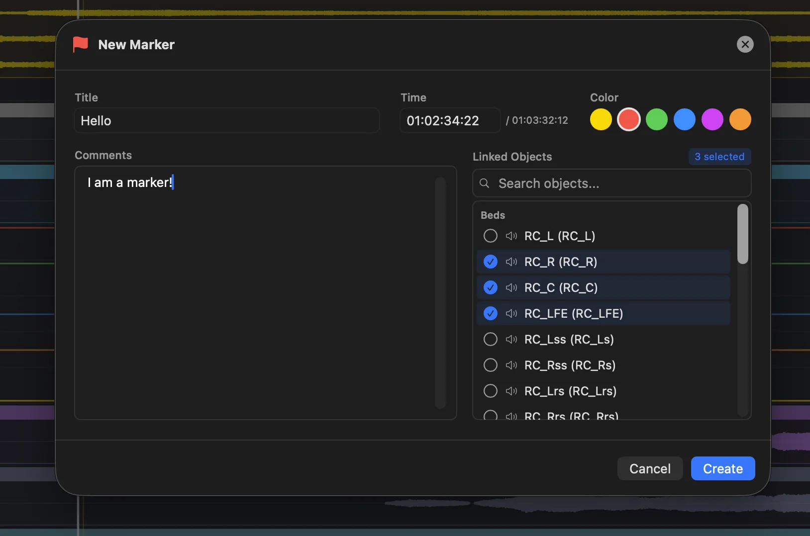 The New Marker dialog with title, time, colour, comments and linked-object picker