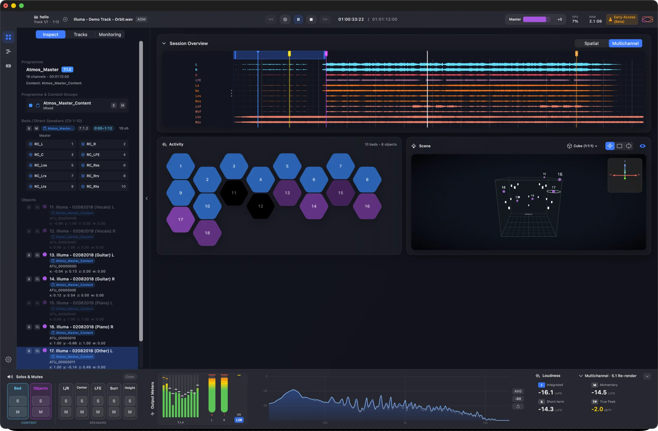 Orbit Pro Overview — session waveforms, activity grid, 3D scene and metering