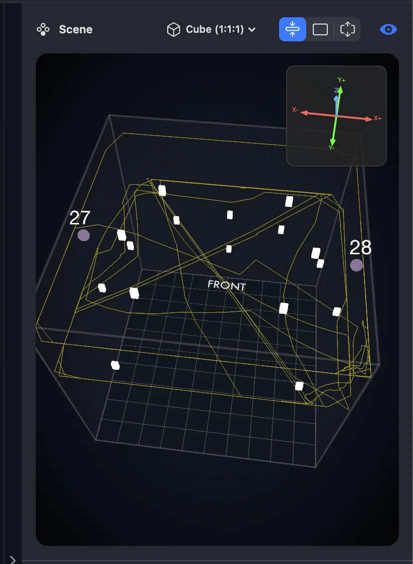 The inspected object's trajectory drawn in the 3D scene — cube view
