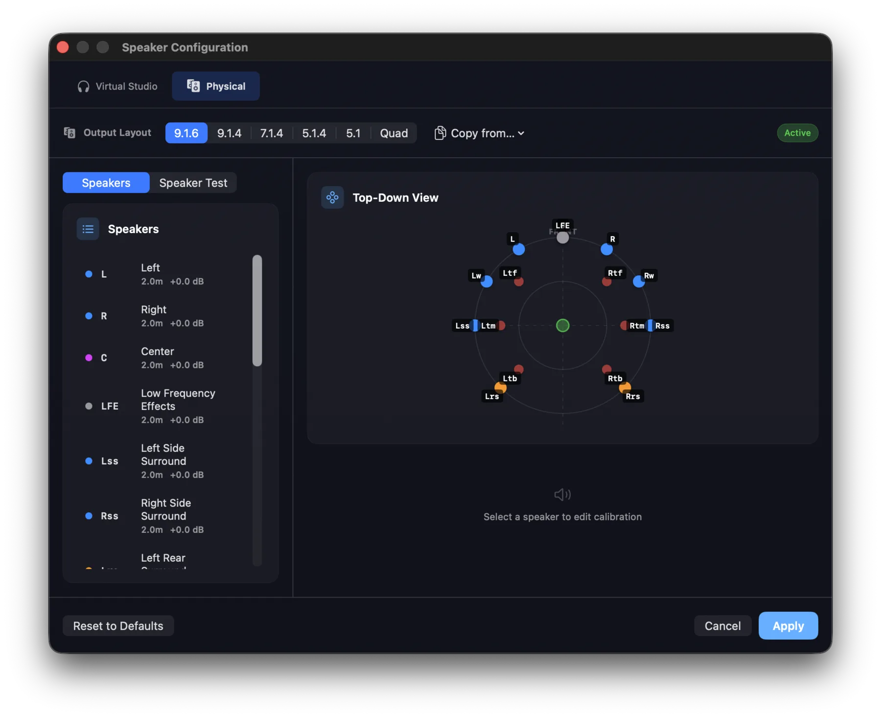 Physical speaker configuration — output layouts from 9.1.6 to Quad with a top-down view and per-speaker test