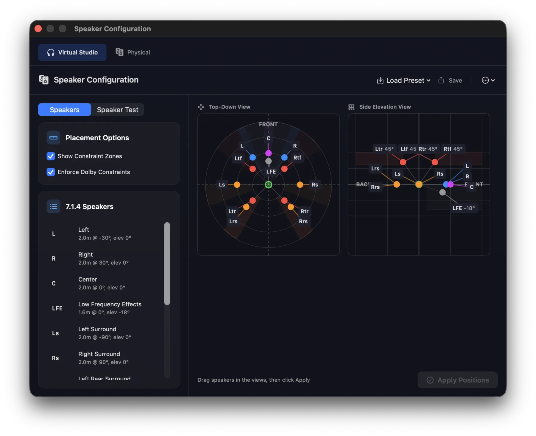Virtual 7.1.4 Studio speaker configuration — top-down and side elevation views for Orbit Binaural