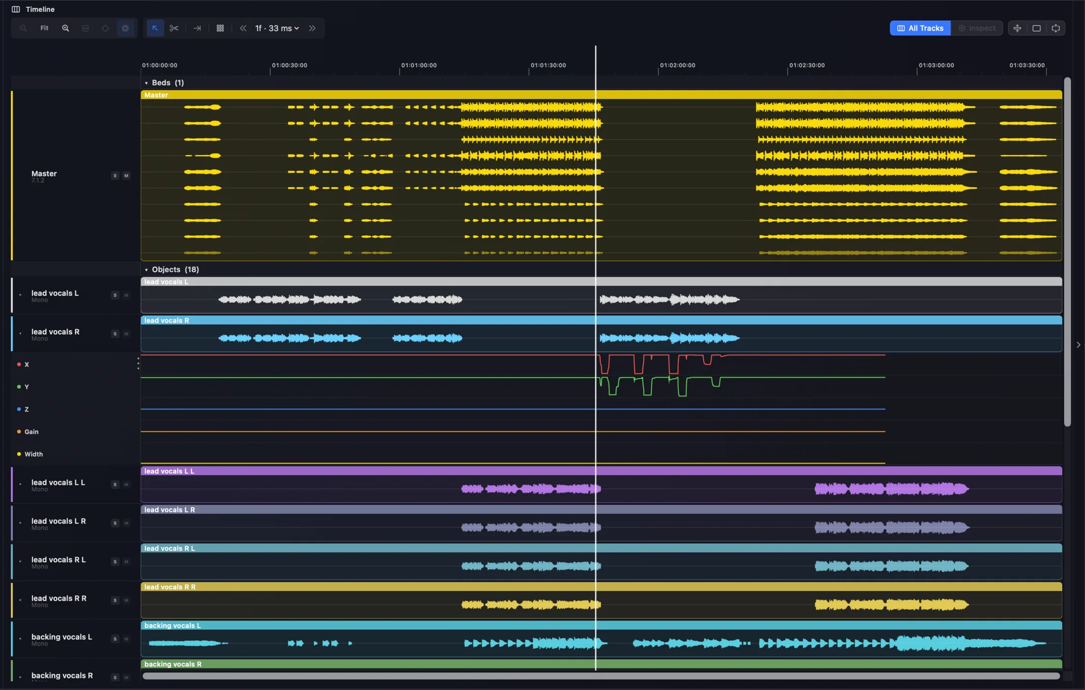 Orbit Pro timeline tracks — colour-coded beds, objects and stems with per-track waveforms and a playhead