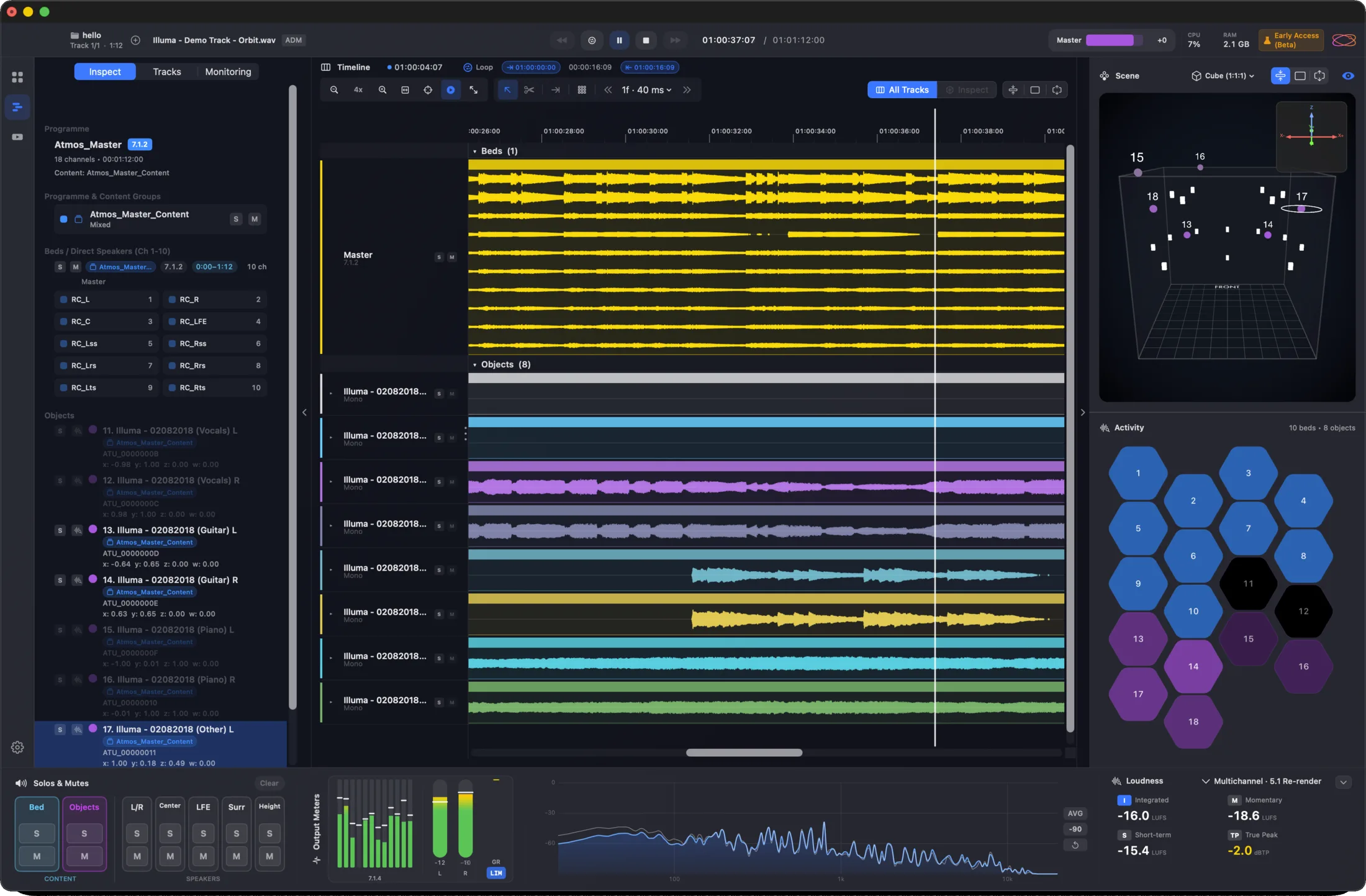 Orbit Pro 1.5 timeline — full multitrack ADM/IAMF with per-track solo, markers, 3D scene and activity