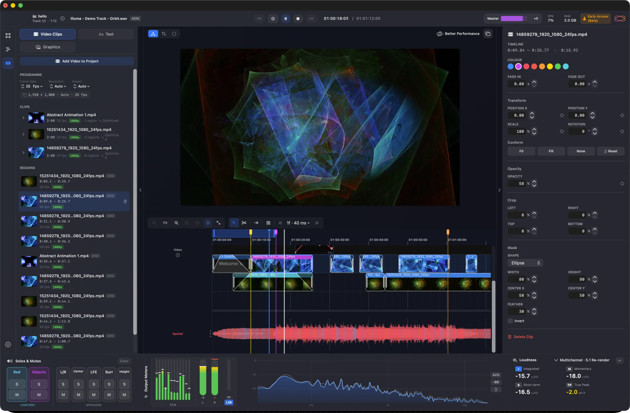 Orbit Pro built-in video editor — preview, clip timeline and inspector