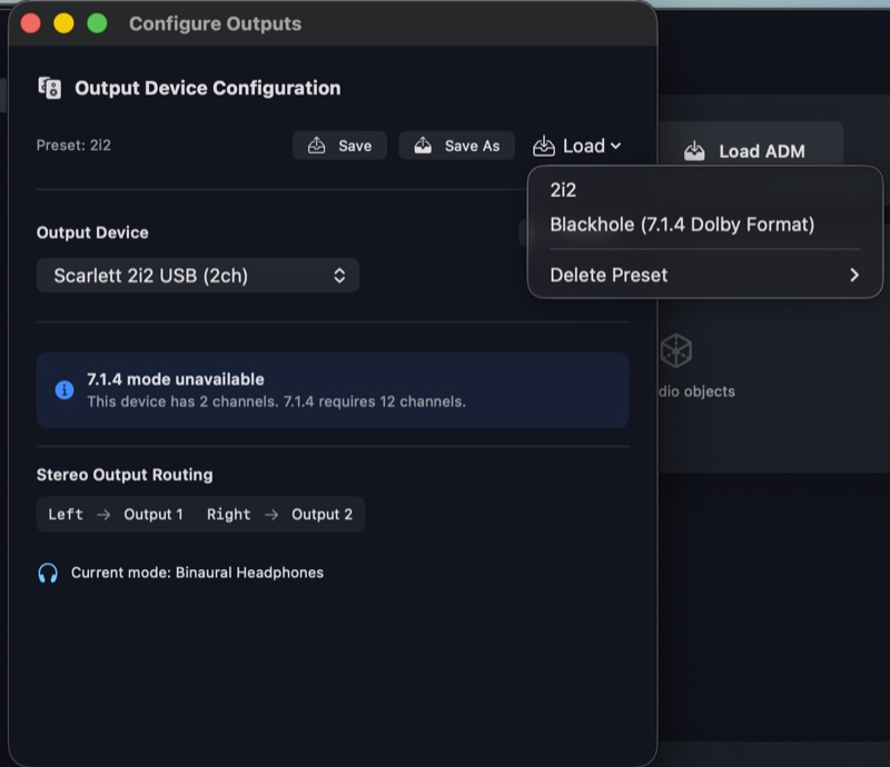 Output routing preset dropdown showing Save, Save As, and Load with preset list