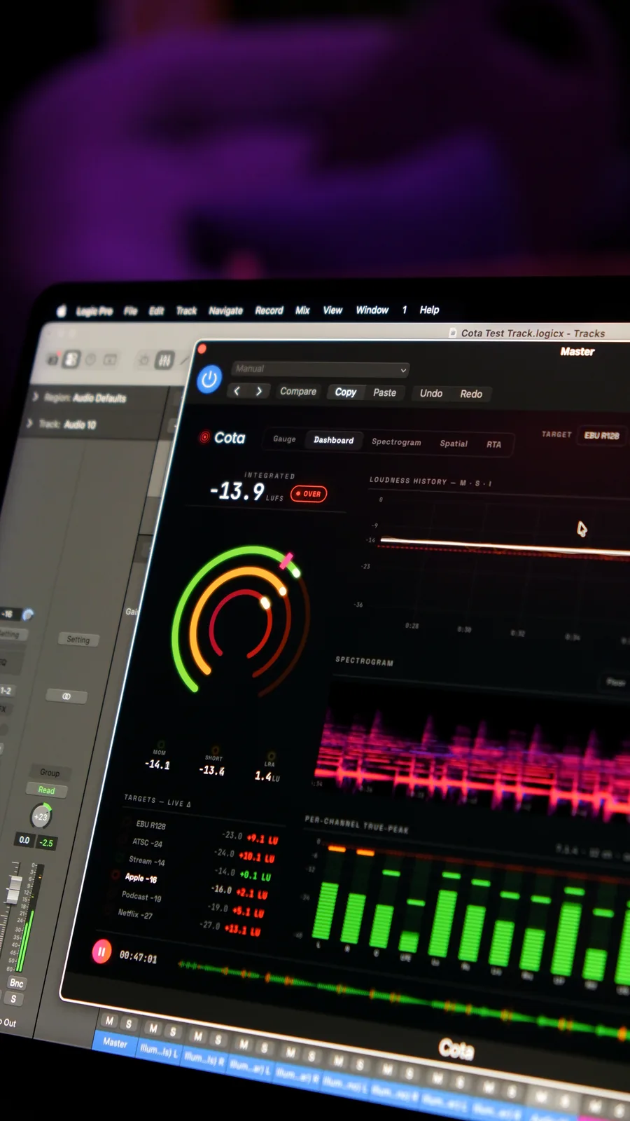 Cota’s dashboard — loudness gauge, per-channel true-peak and spectrogram