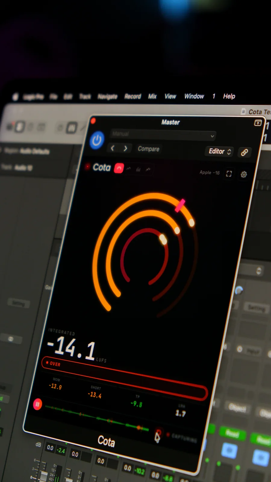 Cota’s loudness gauge showing integrated LUFS in a studio