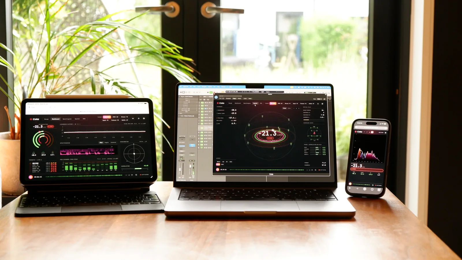 Cota running on a laptop, tablet and phone in a studio