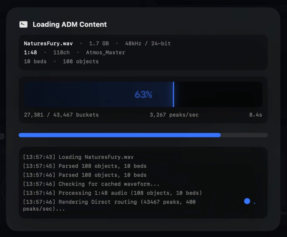 Enhanced loading screen showing file metadata, progress bar, and real-time throughput stats