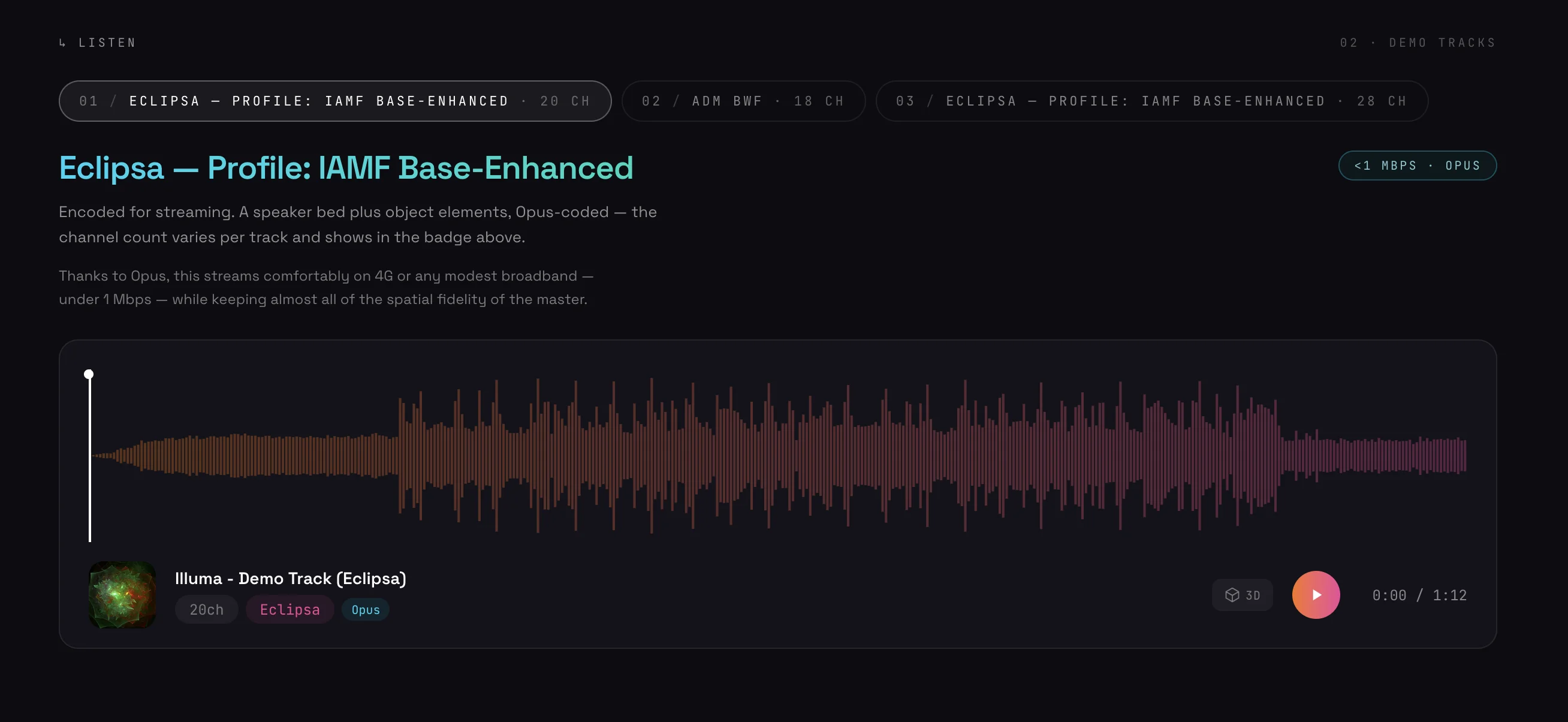 Esfera — browser-based spatial streaming player showing an IAMF Eclipsa track and waveform