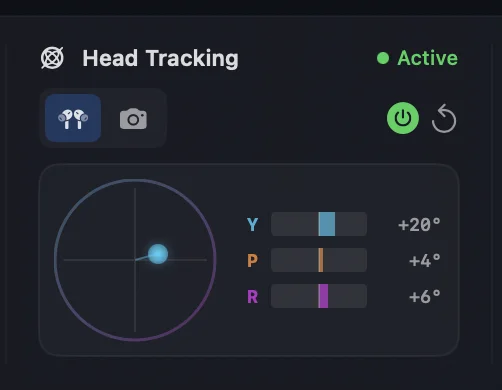Head Tracking UI showing Yaw, Pitch, and Roll