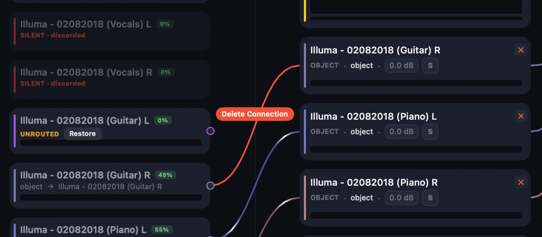 Hold Option and click a connection in the IAMF / Eclipsa export window to delete it