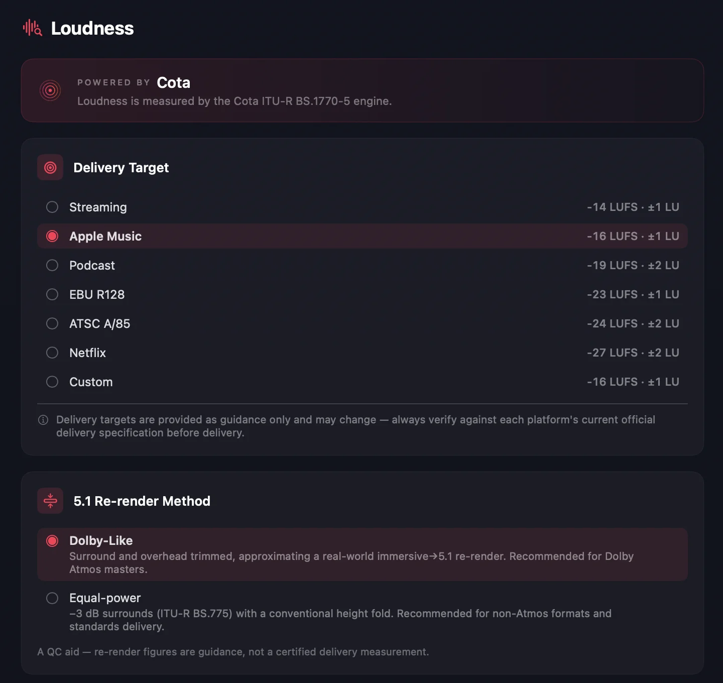 The rebuilt Loudness section — Powered by Cota, with per-platform delivery targets and a choice of 5.1 re-render method