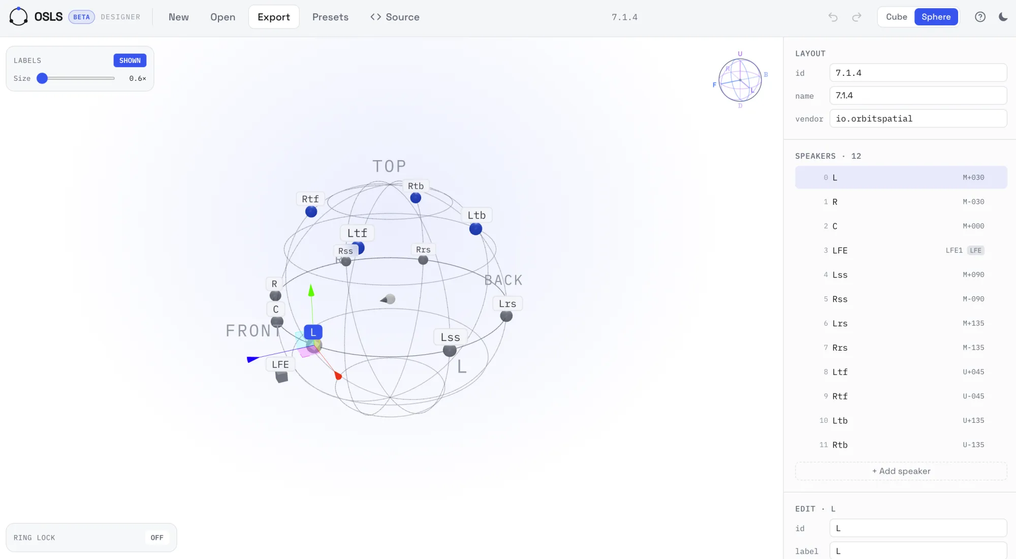 The OSLS browser 3D designer showing a layout with labelled speakers on a sphere