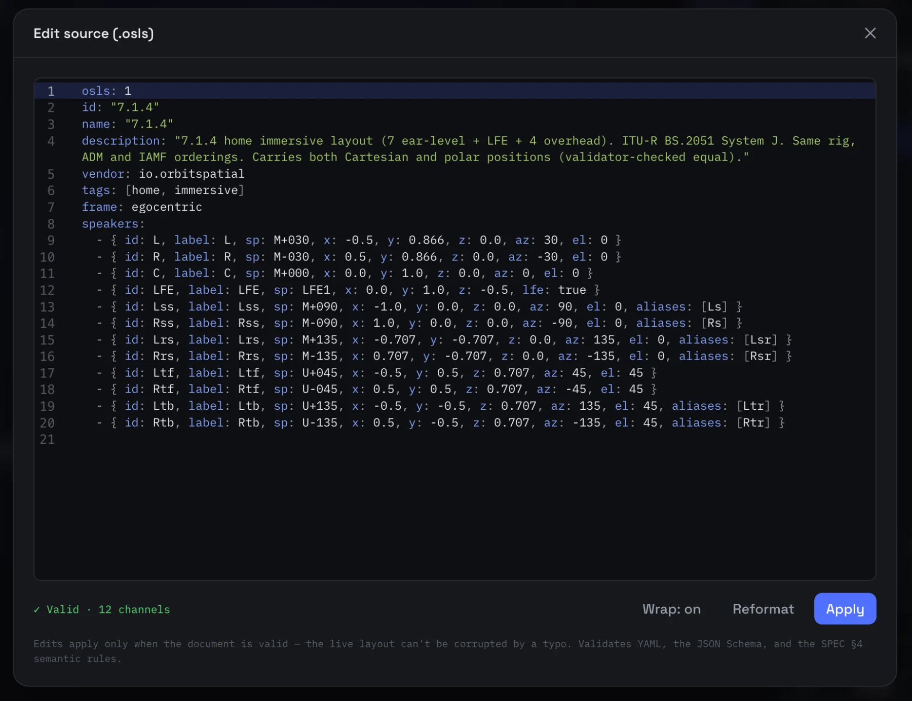 An .osls layout file — SP-labels, Cartesian and polar positions, LFE and aliases, validator-checked