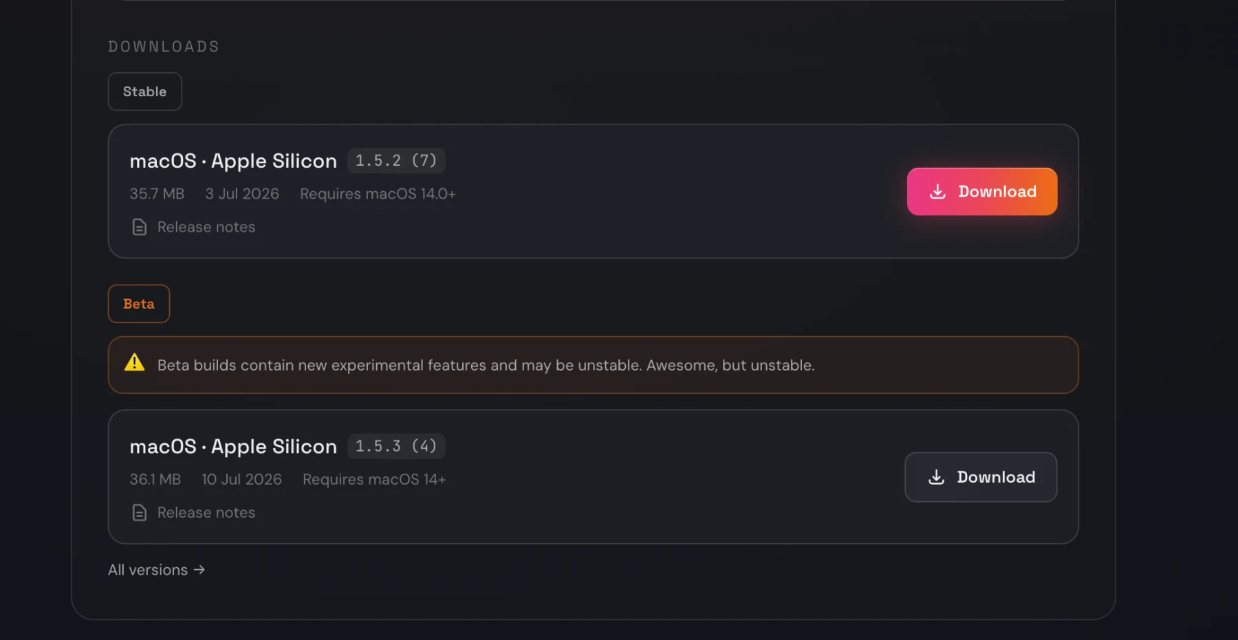 The Orbit account portal Downloads section — the 1.5.3 beta build listed just below the stable build, with a Beta warning banner above it