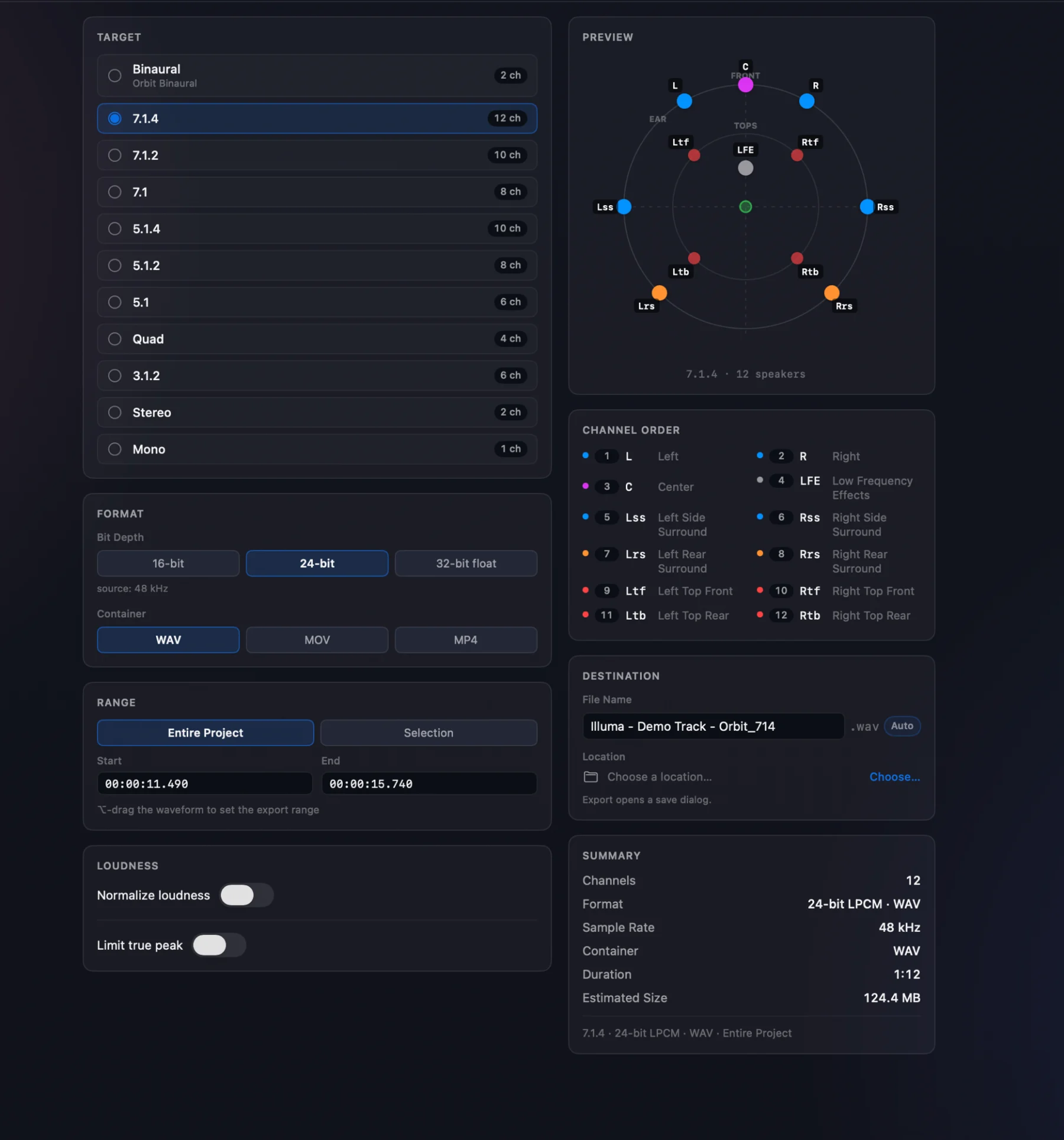The new Orbit Export Audio window — a target list with layouts up to 7.1.4 on the left, format, range and loudness options beneath, and a live 7.1.4 speaker preview, channel-order map, destination and summary on the right