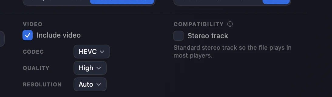 The IAMF export window — an Include video checkbox with codec, quality and resolution options, and a Compatibility section with the Stereo track option beside it