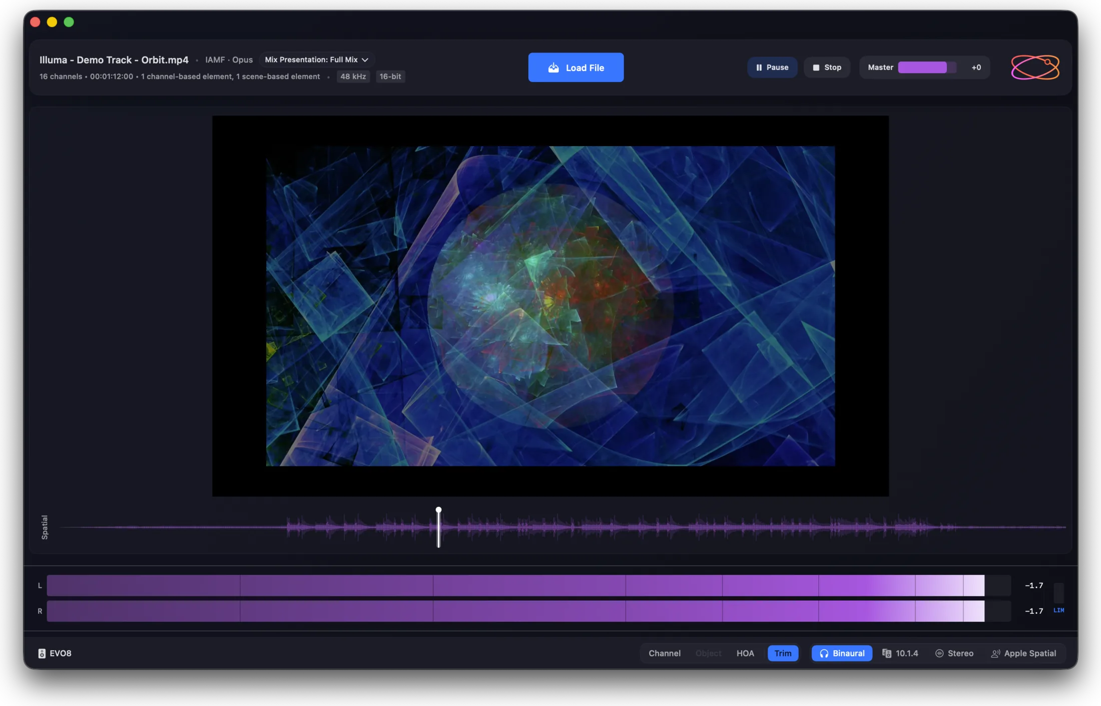Orbit Lite 1.2.0 playing an IAMF file with video, mix-presentation switching, spatial waveform and L/R metering