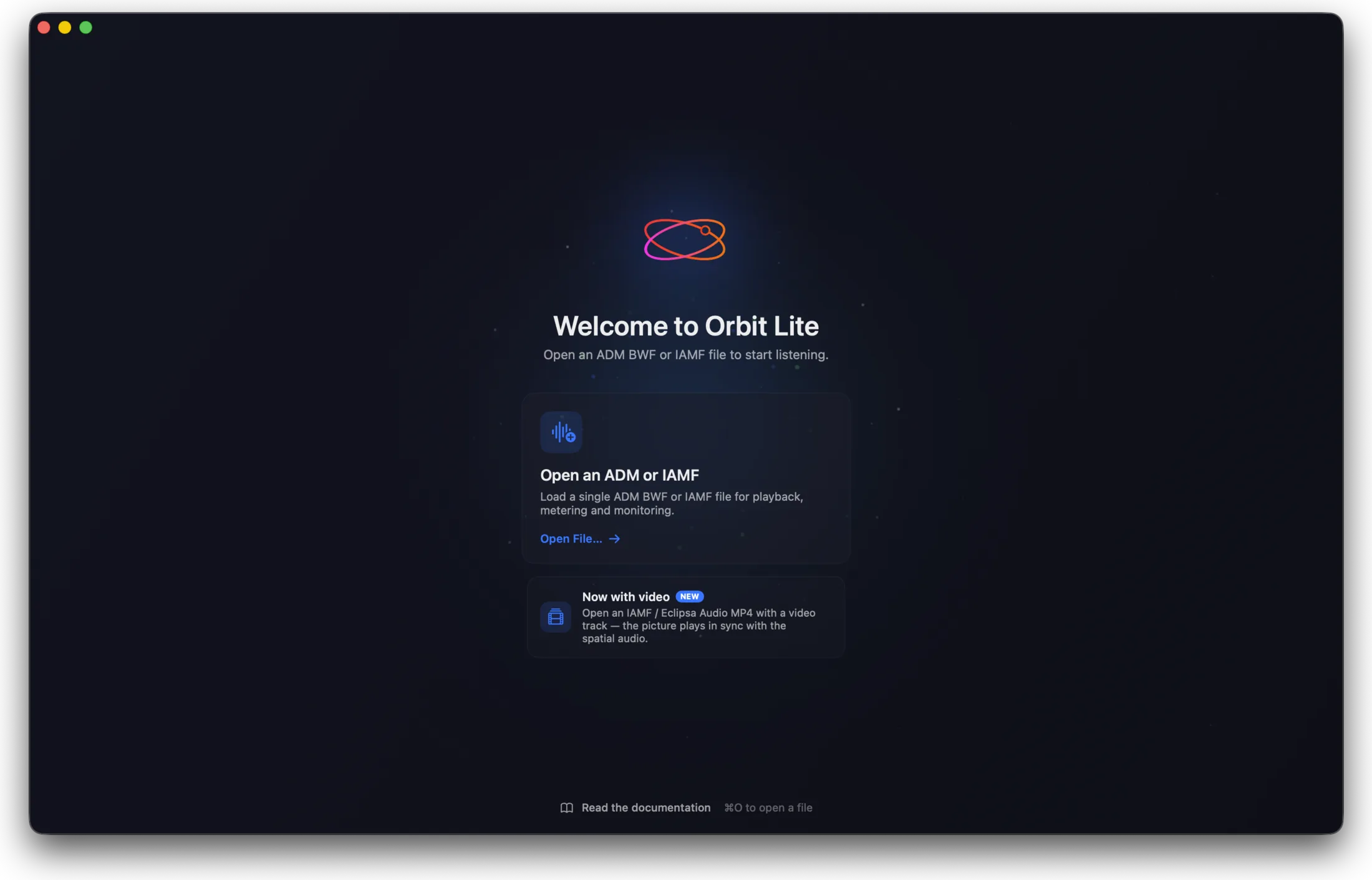 The new Orbit Lite welcome screen — open an ADM or IAMF file, now with video